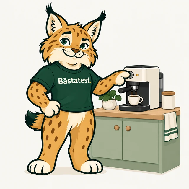 Loke i Bästatest-tröja brygger kaffe.